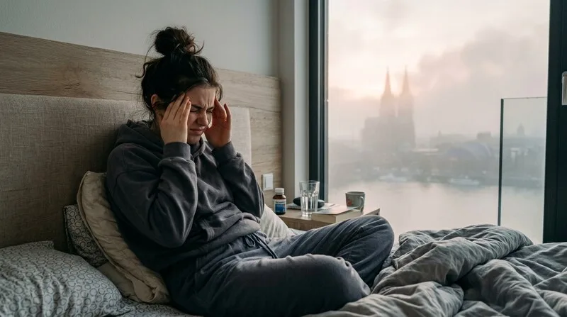 Frau mit Kopfschmerzen morgens im Bett — Ursachen beim Aufwachen