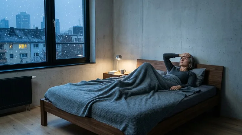 Frau liegt nachts wach mit unruhigen Beinen — Restless Legs Syndrom