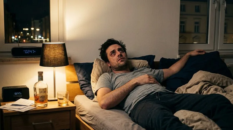 Mann liegt wach im Bett — Alkohol REM-Schlaf Wissenschaft erklärt