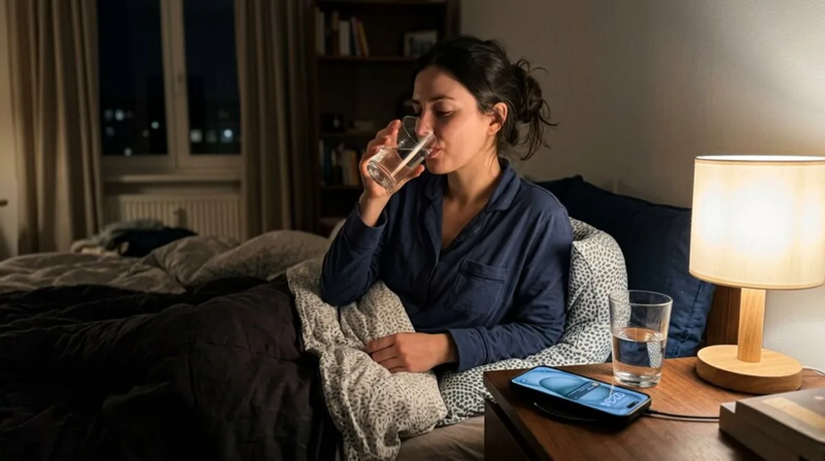 Frau trinkt abends ein Glas Wasser