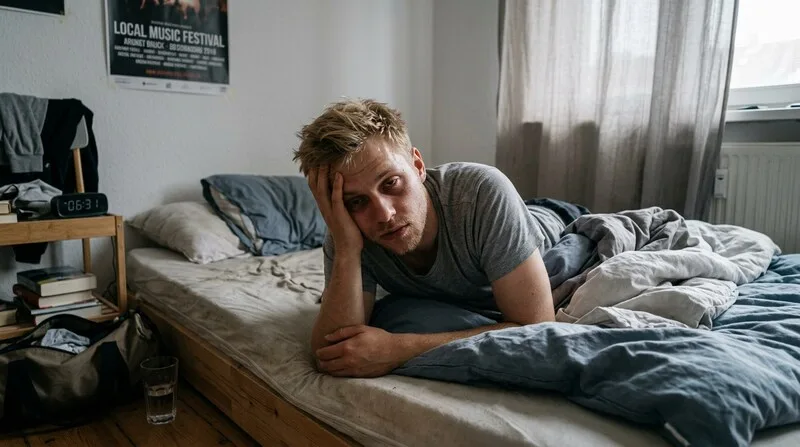 Mann legt Smartphone bewusst weg vor dem Schlafen — Blaulicht und Melatonin-Suppression