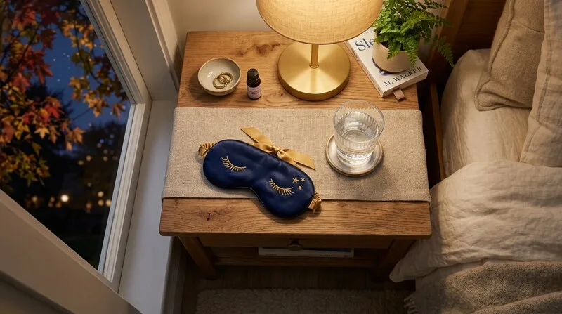 Schlafmaske auf Nachttisch — bereit für erholsamen Schlaf