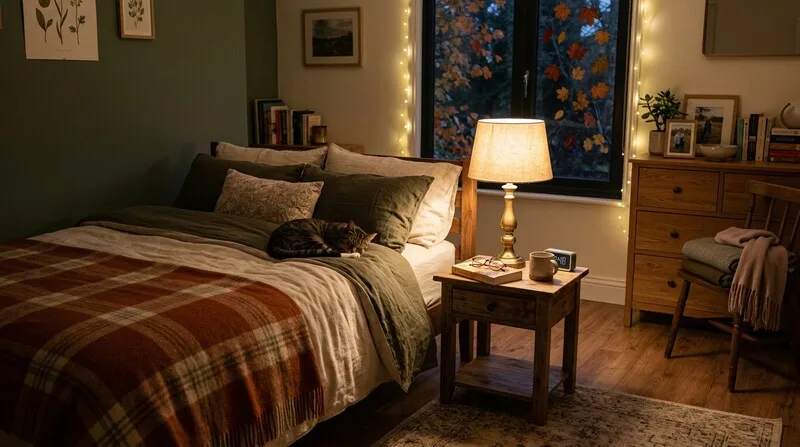 Aufgeräumtes, ruhiges Schlafzimmer bereit für die Nacht