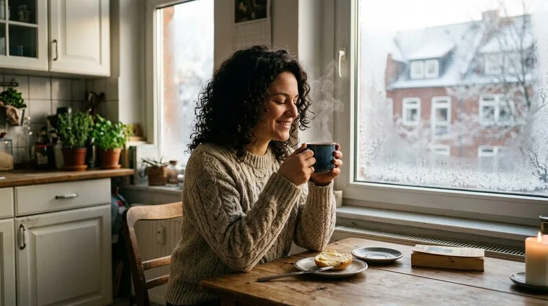 Mann streckt sich erholt morgens im Bett nach gutem Schlaf