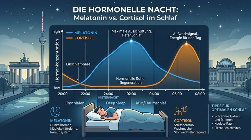 Biologische Uhr mit Hormonen — Melatonin, Cortisol, Adenosin und HGH im Schlafzyklus